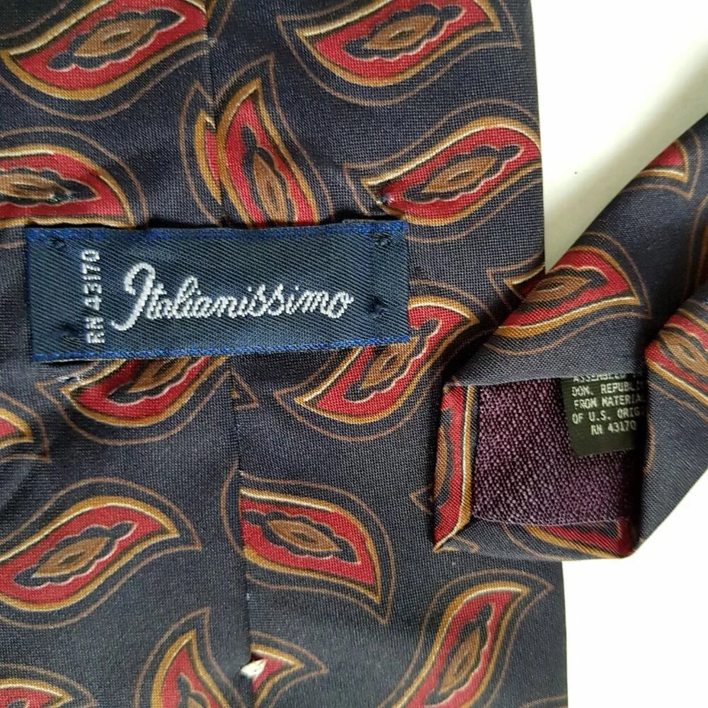 Vintage Paisley Necktie Mens Navy Red Gold Wide Italianissimo Tie 55 Inch